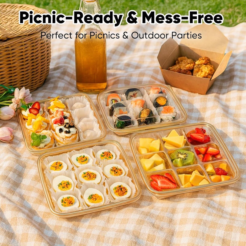 77L 72 Eggs Clear Deviled Egg Tray with Lid – Gold Plastic Party Serving Tray with Greaseproof Paper for Deviled Eggs, Sushi & Desserts - Image 5